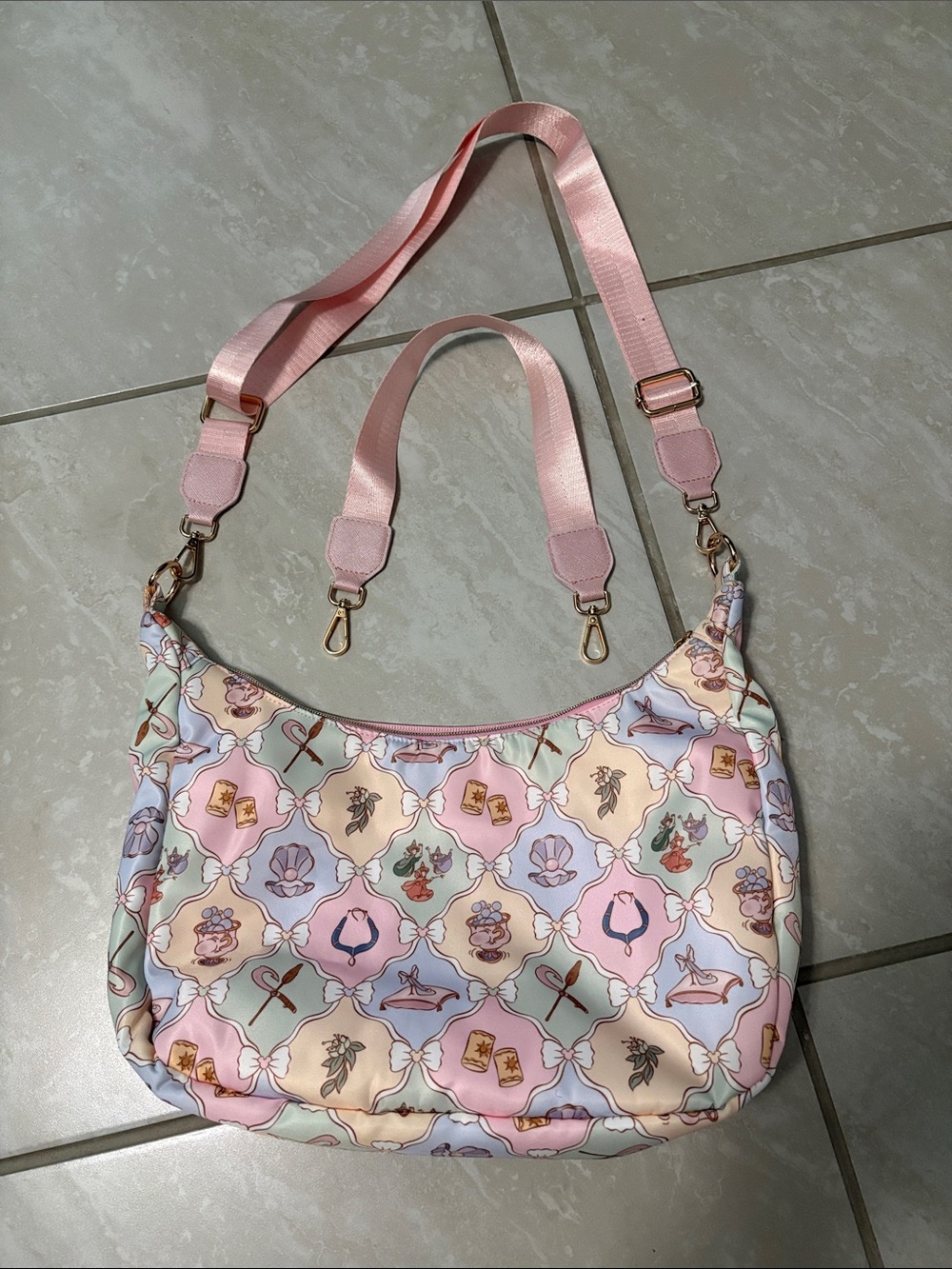 Pastel Pink Patterned Shoulder Bag with Removable Straps